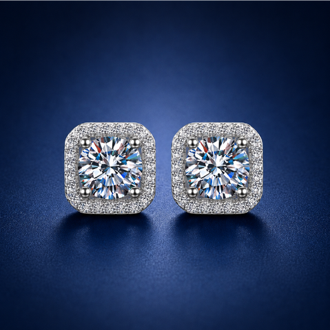 Bông tai bạc 925 đính moissanite 1 carat – dáng vuông bo góc viền pavé