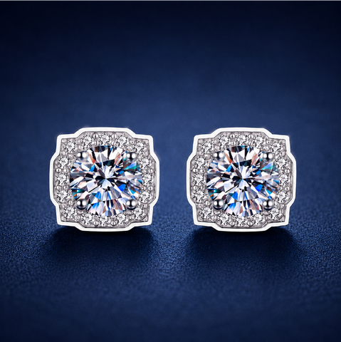 Bông tai bạc 925 đính moissanite 0,5 carat – dáng vuông viền đá cổ điển
