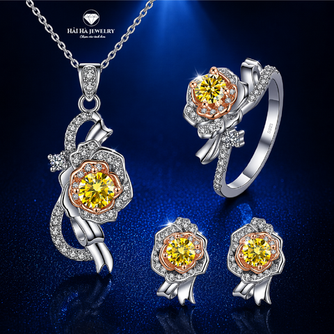 Bộ trang sức bạc 925 đính kim cương Moissanite Hoa Hồng Sâm banh 0,5 Carat