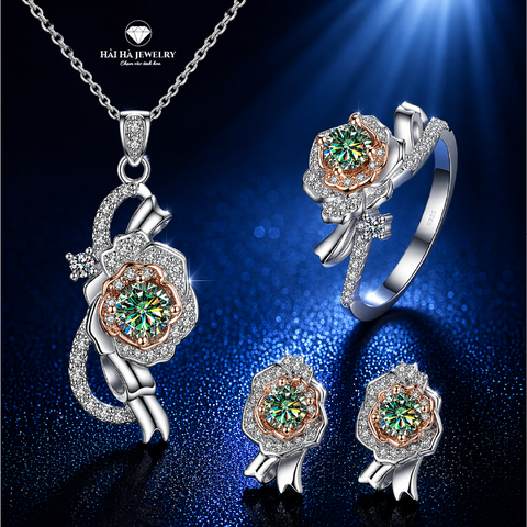 Bộ trang sức bạc 925 đính kim cương Moissanite Hoa Hồng Xanh lá 0,5 Carat