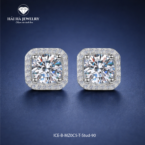 Bông tai bạc 925 đính moissanite 1 carat – dáng vuông bo góc viền pavé