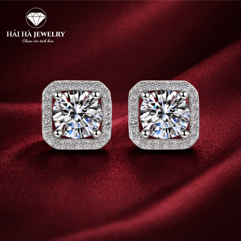 Bông tai bạc 925 đính moissanite 0,5 carat – dáng vuông bo góc viền pavé