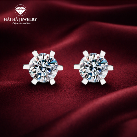Bông tai bạc 925 đính moissanite – dáng nụ tròn chấu 6 cổ điển