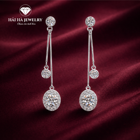 Bông tai bạc 925 đính moissanite dáng thả – chuyển động nhẹ, viên tròn tinh tế | Hải Hà Jewelry