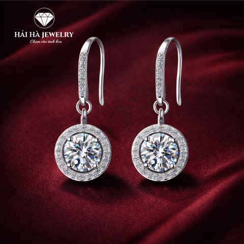 Bông tai bạc 925 đính moissanite dáng tròn treo – ánh sáng tròn đầy, đeo nhẹ | Hải Hà Jewelry