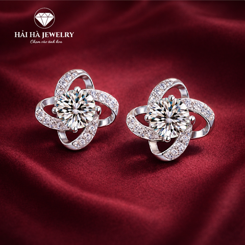 Bông tai bạc 925 đính moissanite – dáng xoắn đan tinh tế