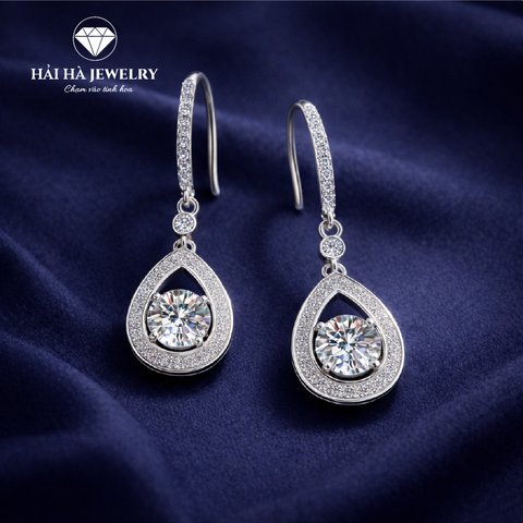 Bông tai bạc 925 đính moissanite 1 carat – dáng giọt nước treo thanh thoát
