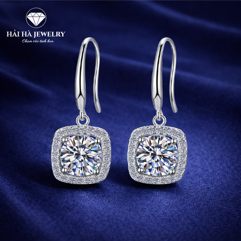 Bông tai bạc 925 đính moissanite 1 carat – dáng vuông treo viền halo
