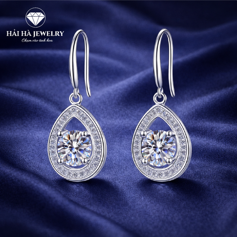 Bông tai bạc 925 đính moissanite – dáng giọt nước rỗng viền pavé
