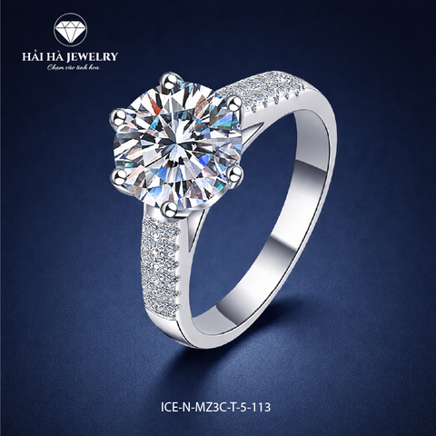 Nhẫn nữ bạc 925 moissanite tròn – thân đính đá tinh giản