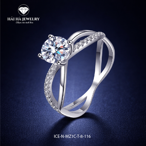 Nhẫn nữ bạc 925 moissanite tròn – thân uốn cong đính đá rãnh mềm mại