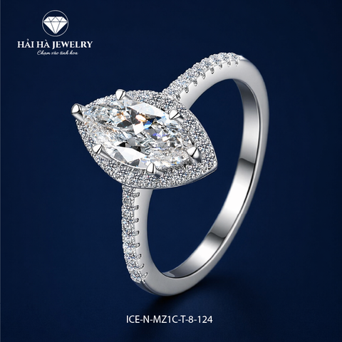 Nhẫn nữ bạc 925 đính moissanite dáng marquise – halo bao quanh, thân nhẫn pavé tinh xảo