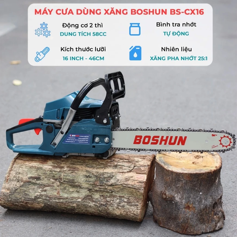 Máy Cưa Xích Chạy Xăng BOSHUN BS-CX16, Lam Xích Dài 16INCH, Bơm Nhớt Tự Động - Động Cơ Xăng 2 Thì 58CC Mạnh Mẽ