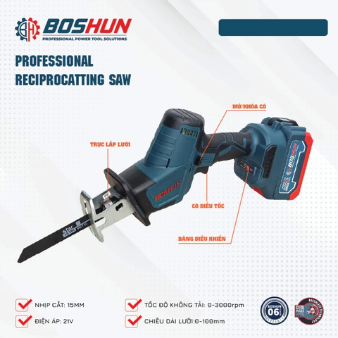 Máy Cưa Kiếm Pin BOSHUN Cắt Đa Năng, Động Cơ Không Chổi Than, Lõi Đồng - Tặng Kèm 4 Lưỡi Cưa