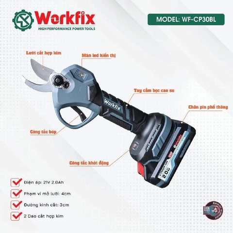 Kéo cắt cành pin WORKFIX WF-CP30BL, Động cơ Không chổi than, Màn hình led hiển thị, Cắt 3cm