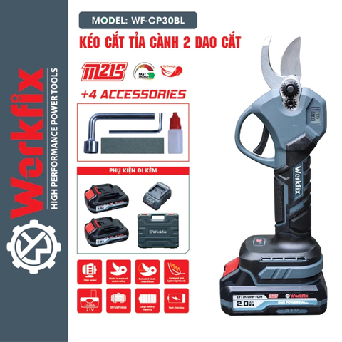 Kéo cắt cành pin WORKFIX WF-CP30BL, Động cơ Không chổi than, Màn hình led hiển thị, Cắt 3cm