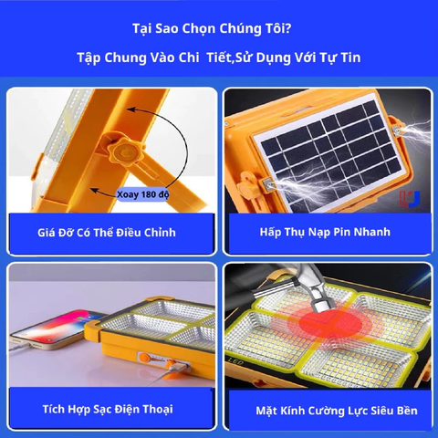 Đèn Năng Lượng Mặt Trời Đa Năng Cầm Tay 300W, Tích Điện Chống Nước IP66, 5 Chế Sáng, Có Đèn Cảnh Báo