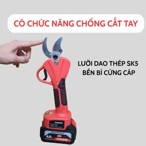 Kéo Cắt Cành Dùng Pin KOMAXX Mở Lưỡi 32mm Chân Pin Phổ Thông 18-21V, Có Chế Độ Chống Cắt Tay Có Thể Bật Tắt