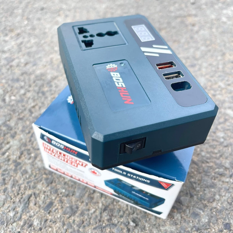 [DÙNG ĐƯỢC QUẠT] Đế Chuyển Đổi Nguồn Điện BOSHUN BS-CD220PRO Chuyển Từ Pin 21v lên 220v, Chân Pin Phổ Thông 4cm