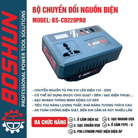 [DÙNG ĐƯỢC QUẠT] Đế Chuyển Đổi Nguồn Điện BOSHUN BS-CD220PRO Chuyển Từ Pin 21v lên 220v, Chân Pin Phổ Thông 4cm