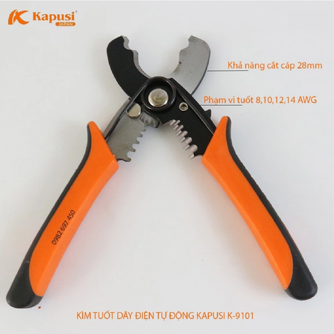 Kìm tuốt dây điện, kìm bấm COS MC4, Kìm cắt dây điện đa năng KAPUSI 8'' K-9101 JAPAN Nhật Bản chính hãng