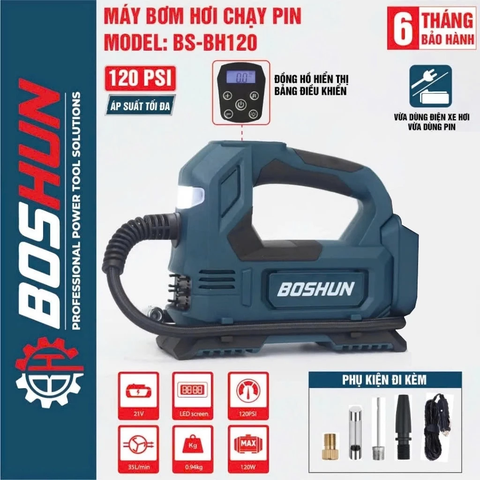 Máy Bơm Hơi Pin BOSHUN BS-BH120, 120w, Nặng 940gram, Áp Suất Tối Đa 120 Psi, Màn Hình Led Bảo Hành ^ Tháng