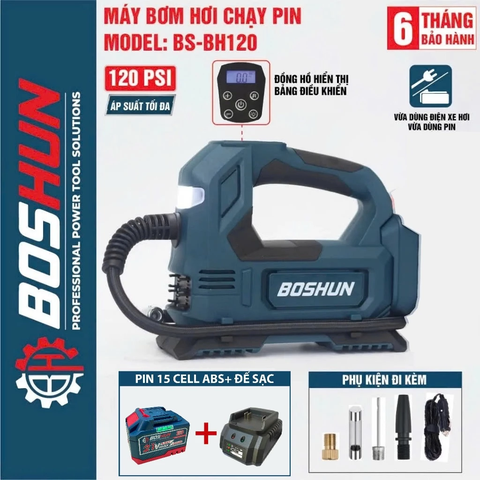 Máy Bơm Hơi Pin BOSHUN BS-BH120, 120w, Nặng 940gram, Áp Suất Tối Đa 120 Psi, Màn Hình Led Bảo Hành ^ Tháng