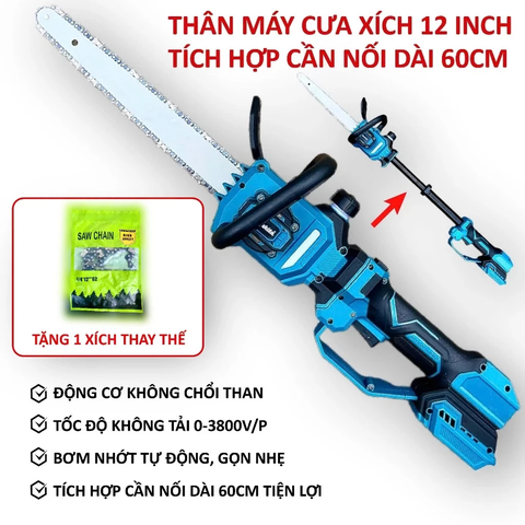 [KÈM XÍCH THAY THẾ] Thân Máy Cưa Xích Pin MAKITA 12 inch Cần Nối Dài 60Cm, Không Chổi Than, Bơm Nhớt Tự Động