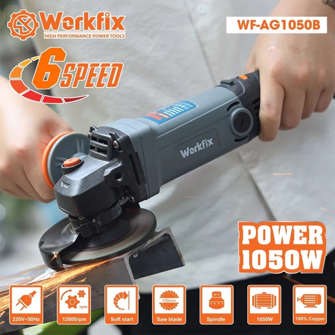 [KÈM LƯỠI CẮT ĐA NĂNG] Máy Mài Cầm Tay WORKFIX WF-AG1050B, Máy Mài Điện Công tắc bụng, Công Suất 1050W, 6 Tốc độ