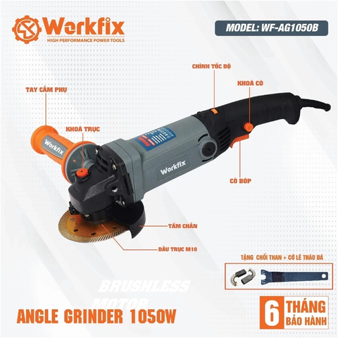 [KÈM LƯỠI CẮT ĐA NĂNG] Máy Mài Cầm Tay WORKFIX WF-AG1050B, Máy Mài Điện Công tắc bụng, Công Suất 1050W, 6 Tốc độ