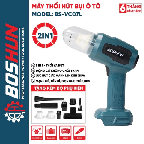 Máy Hút Thổi Bụi Mini BOSHUN BS-VC07L Dùng Pin Chân Phổ Thông M21, Lực 7kpa,Vừa Thổi Vừa Hút, Đi Kèm 3 Lõi Lọc