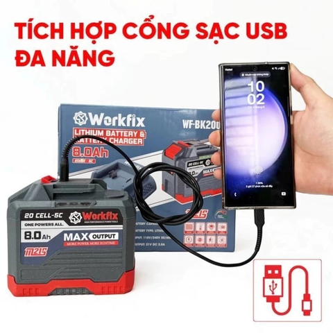 [SẠC+CHUYỂN NGUỒN 220V CÓ ĐÈN] Pin 20 Cell WORKFIX 8Ah WF-BK2008A Mạch 4 Mosfet Chân Pin Phổ Thông Vỏ Abs Chống Va Đập