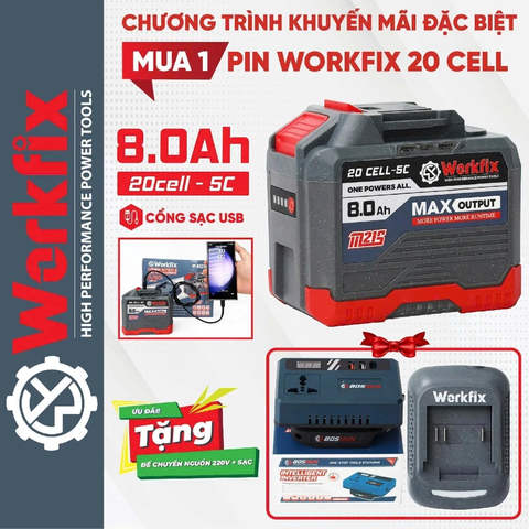 [SẠC+CHUYỂN NGUỒN 220V] Pin 20 Cell WORKFIX 8Ah WF-BK2008A Mạch 4 Mosfet Chân Pin Phổ Thông Vỏ Abs Chống Va Đập