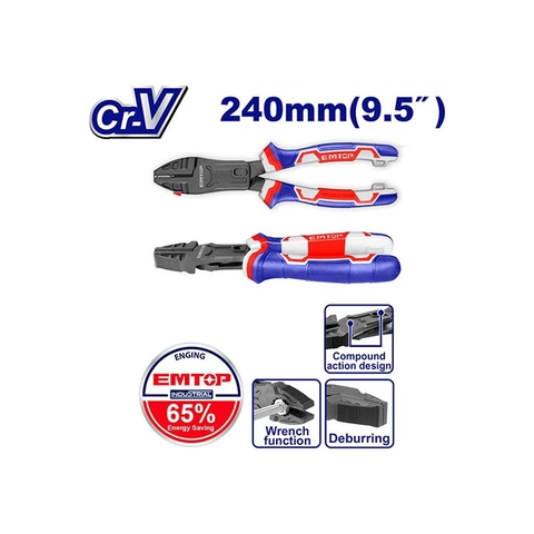 Kìm Răng, Cắt Trợ Lực 9.5 Inch 240mm, Kìm Trợ Lực 65% EMTOP EPLRCC0951, Tay Cầm Bọc Nhựa, Thép CRV Không Gỉ