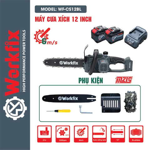 [KÈM XÍCH THAY THẾ] Máy cưa xích pin WORKFIX WF-CS12BL Màu Xám, Động cơ Không chổi than, Chiều dài lam 28cm