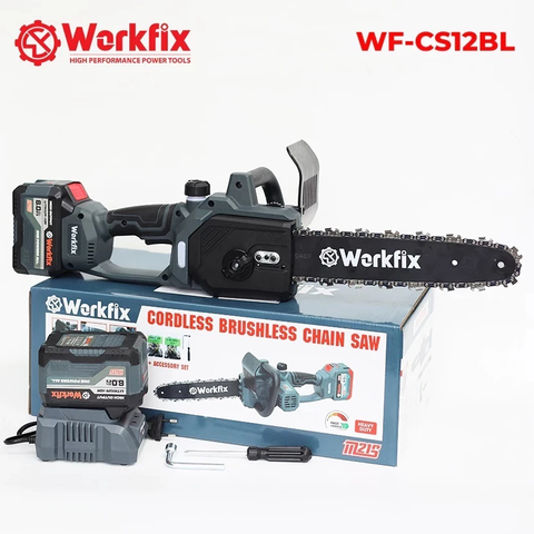 [KÈM XÍCH THAY THẾ] Máy cưa xích pin WORKFIX WF-CS12BL Màu Xám, Động cơ Không chổi than, Chiều dài lam 28cm