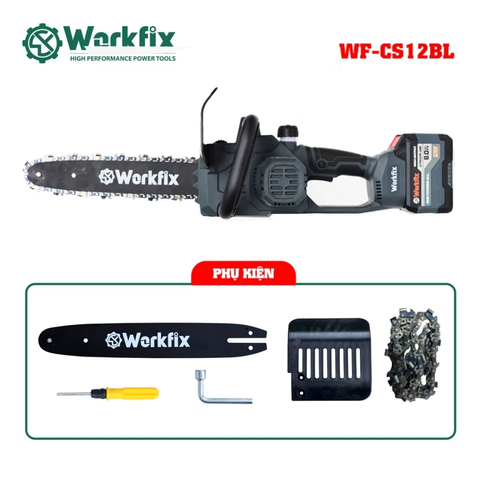 [KÈM XÍCH THAY THẾ] Máy cưa xích pin WORKFIX WF-CS12BL Màu Xám, Động cơ Không chổi than, Chiều dài lam 28cm