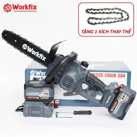 [KÈM XÍCH THAY THẾ] Máy cưa xích pin WORKFIX WF-CS12BL Màu Xám, Động cơ Không chổi than, Chiều dài lam 28cm