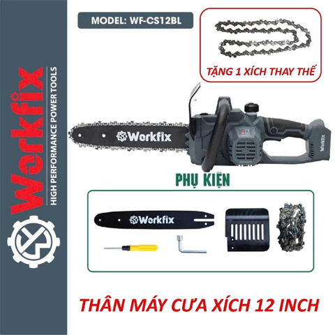[KÈM XÍCH THAY THẾ] Máy cưa xích pin WORKFIX WF-CS12BL Màu Xám, Động cơ Không chổi than, Chiều dài lam 28cm