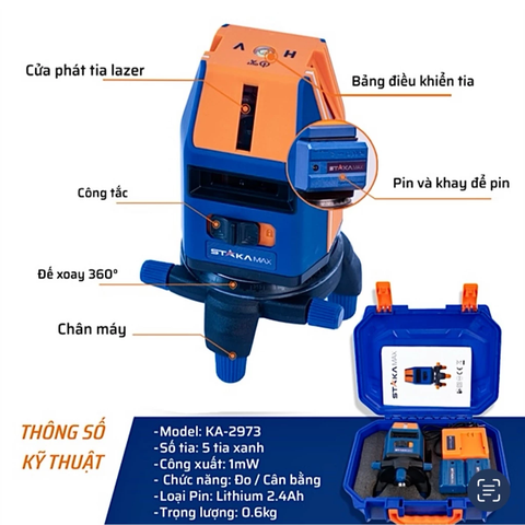 [KÈM CHÂN 1M2] Máy Laser, Máy Bắn Tia, Máy Cân Bằng Laze 5 Tia Xanh STAKA KA-2973 Bóng Led Siêu Sáng, Bảo Hành 12 Tháng