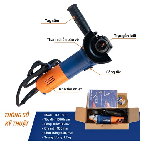 Máy Mài Góc STAKA KA-2733, Máy Mài Điện Công Tắc Hông Công Suất 850W, Đĩa 100mm, Tốc Độ 11000v/p Bảo Hành 6 Tháng