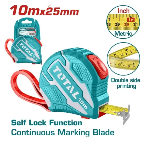 Thước Kéo Thép Nền vàng TOTAL 5mx19mm, 10mx25mm Đo Mét Và inch, Đo Chiều Cao, Chều Rộng, Chất Lượng Tốt