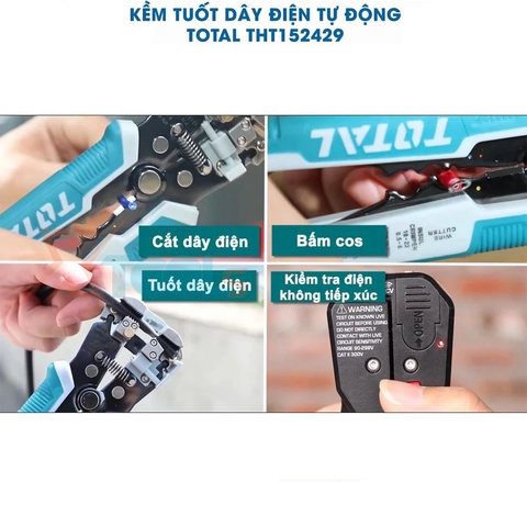 Kìm Tuốt Dây Điện Tự Động Thông Minh TOTAL THT152429 Phát Hiện Điện Áp Không Tiếp Xúc, Dùng Tuốt, Cắt, Uốn Dây Điện 4in1