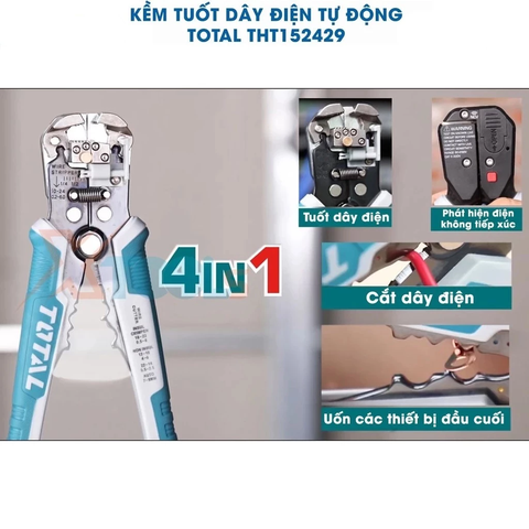 Kìm Tuốt Dây Điện Tự Động Thông Minh TOTAL THT152429 Phát Hiện Điện Áp Không Tiếp Xúc, Dùng Tuốt, Cắt, Uốn Dây Điện 4in1