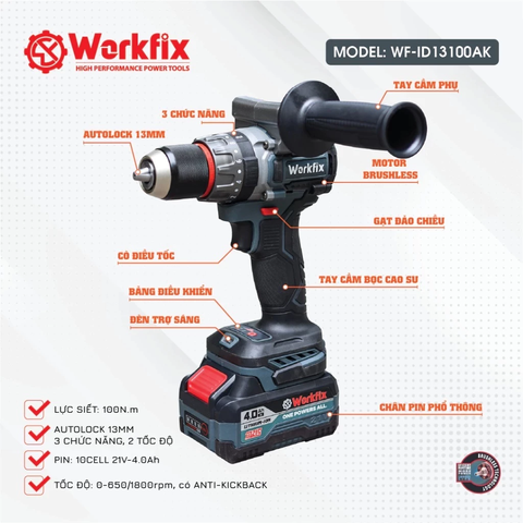 Máy Khoan Pin WORKFIX WF-ID13100AK Anti Kickback + Tạo Xung, Lực Siết 100Nm, Động Cơ Không Chổi Than Đầu Kẹp 13mm