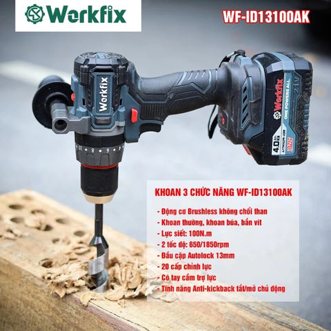 Máy Khoan Pin WORKFIX WF-ID13100AK Anti Kickback + Tạo Xung, Lực Siết 100Nm, Động Cơ Không Chổi Than Đầu Kẹp 13mm