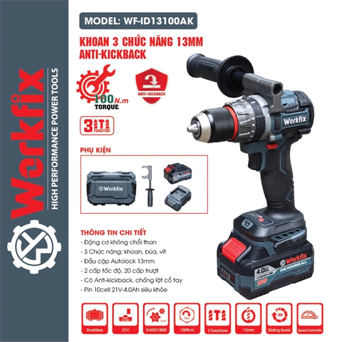 Máy Khoan Pin WORKFIX WF-ID13100AK Anti Kickback + Tạo Xung, Lực Siết 100Nm, Động Cơ Không Chổi Than Đầu Kẹp 13mm
