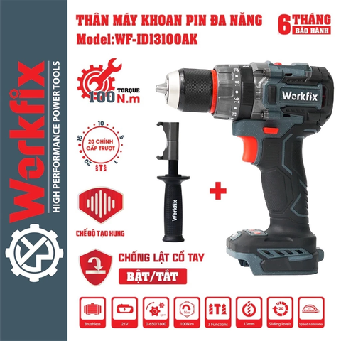 Máy Khoan Pin WORKFIX WF-ID13100AK Anti Kickback + Tạo Xung, Lực Siết 100Nm, Động Cơ Không Chổi Than Đầu Kẹp 13mm