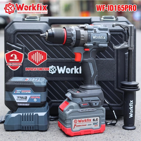 Máy Khoan Pin WORKFIX 13mm WF-ID165PRO, Không Chổi Than Công Suất 165Nm, 3 Chức năng, Có ANTI-KICKBACK + TẠO XUNG