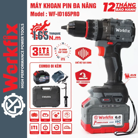 Máy Khoan Pin WORKFIX 13mm WF-ID165PRO, Không Chổi Than Công Suất 165Nm, 3 Chức năng, Có ANTI-KICKBACK + TẠO XUNG